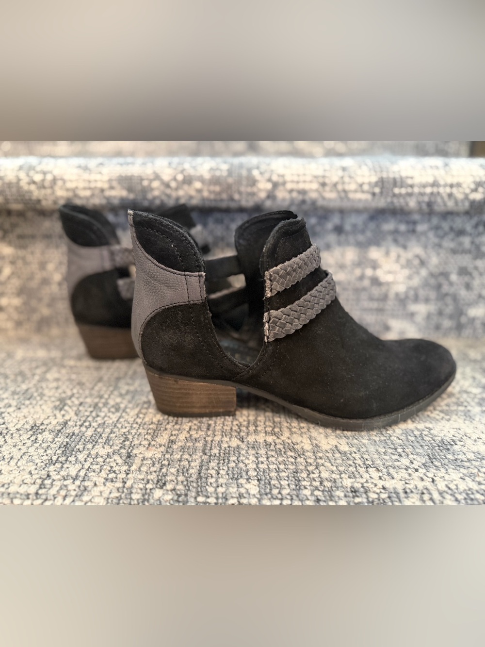 Journee Collection Black Suede Cutout Ankle Boots with Gray Braided Straps